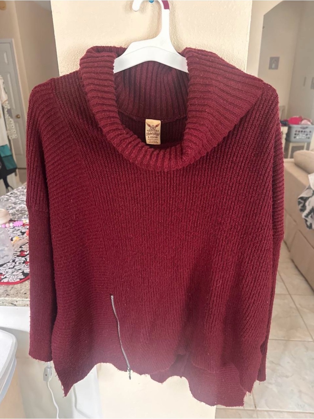 Faded Glory Maroon Cowl Neck Sweater with Zip Accent